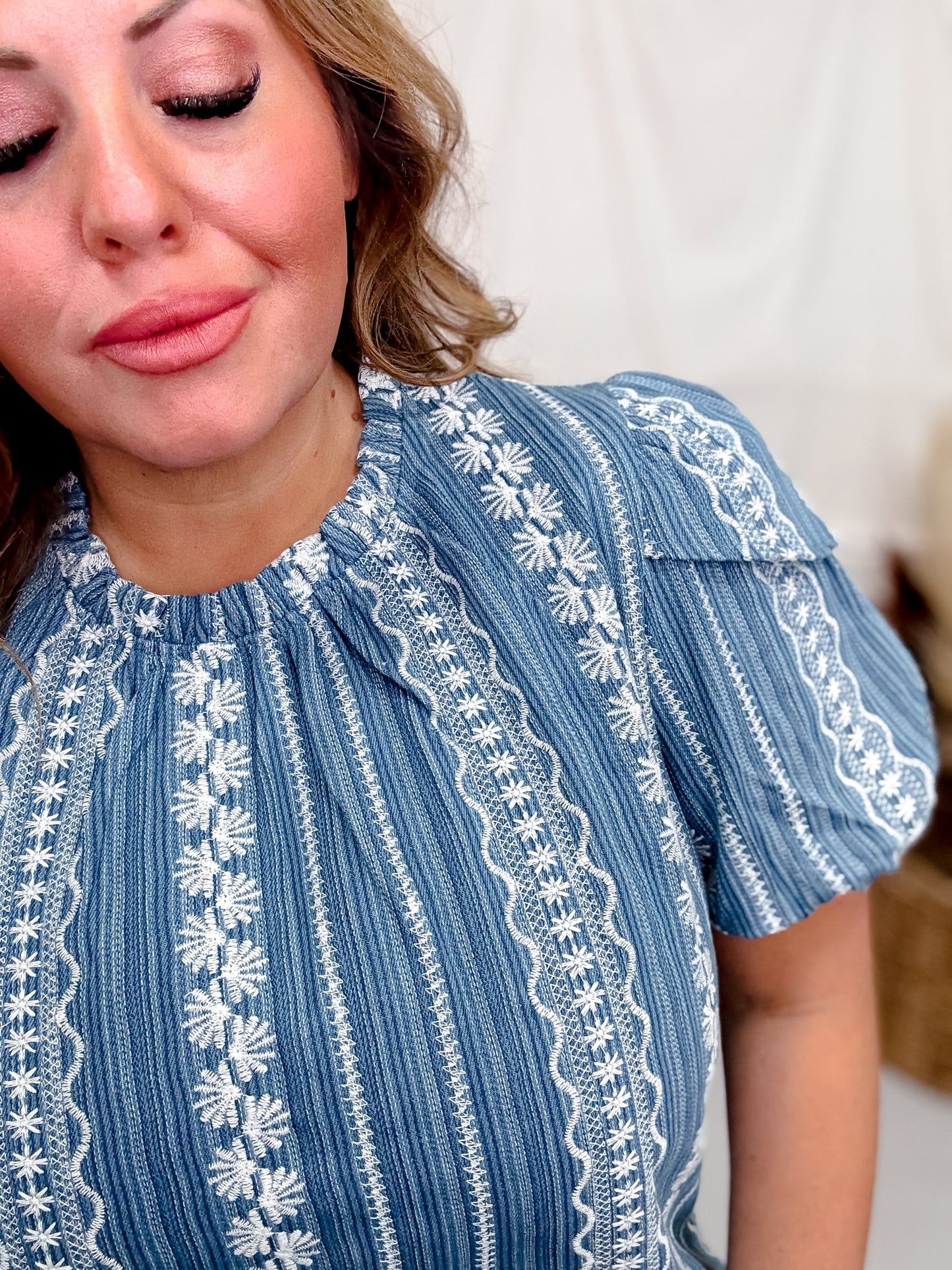 Emroidered Denim Double Layered Balloon Sleeves Blouse