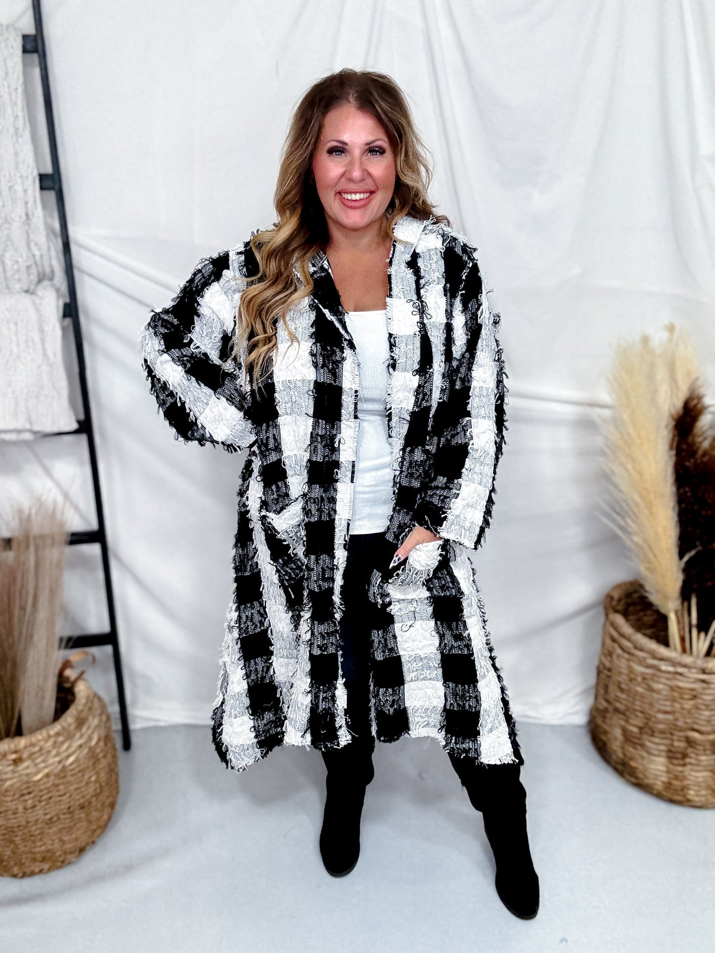 Black & White Check Long Flare Hooded Duster