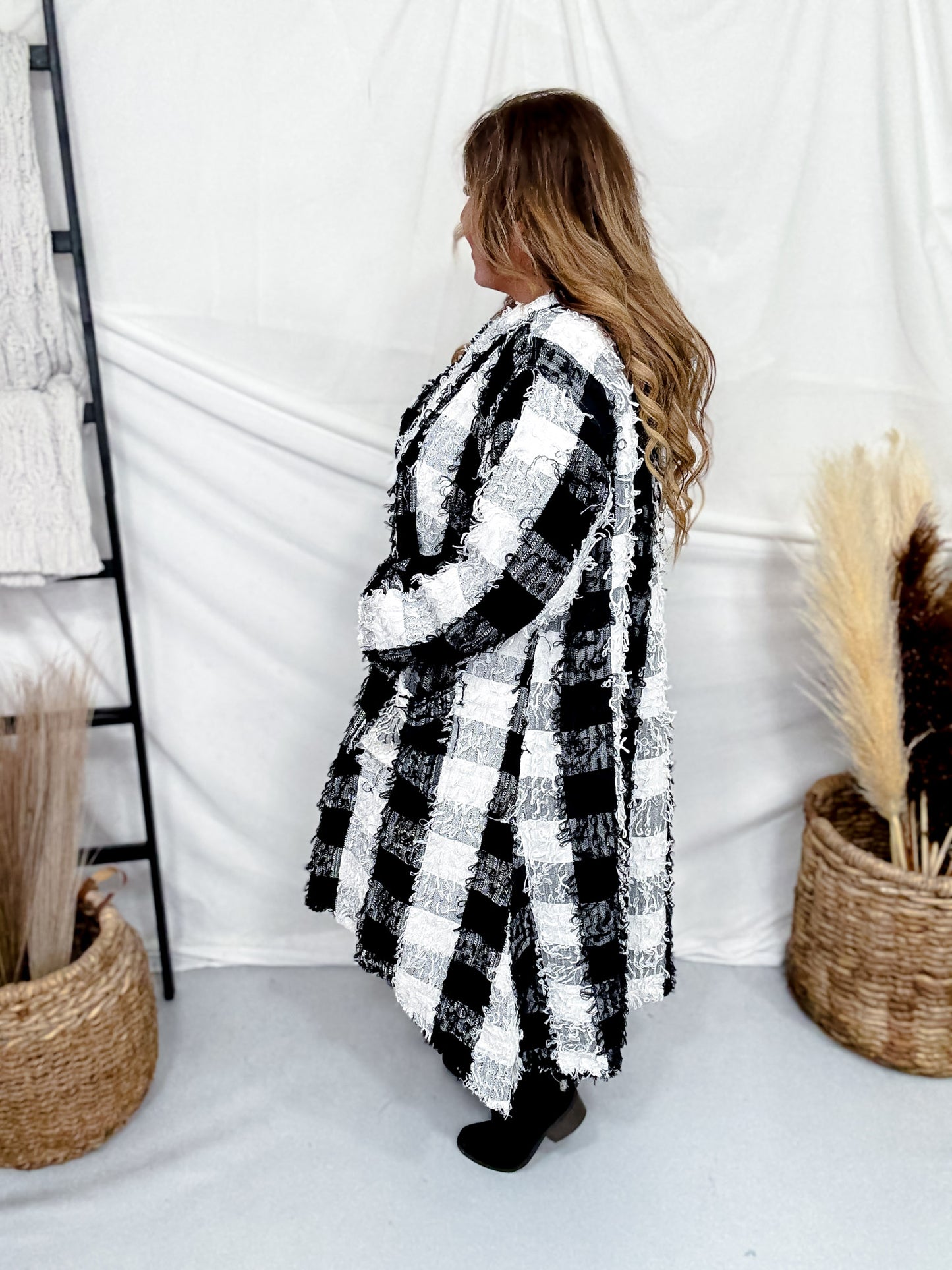 Black & White Check Long Flare Hooded Duster