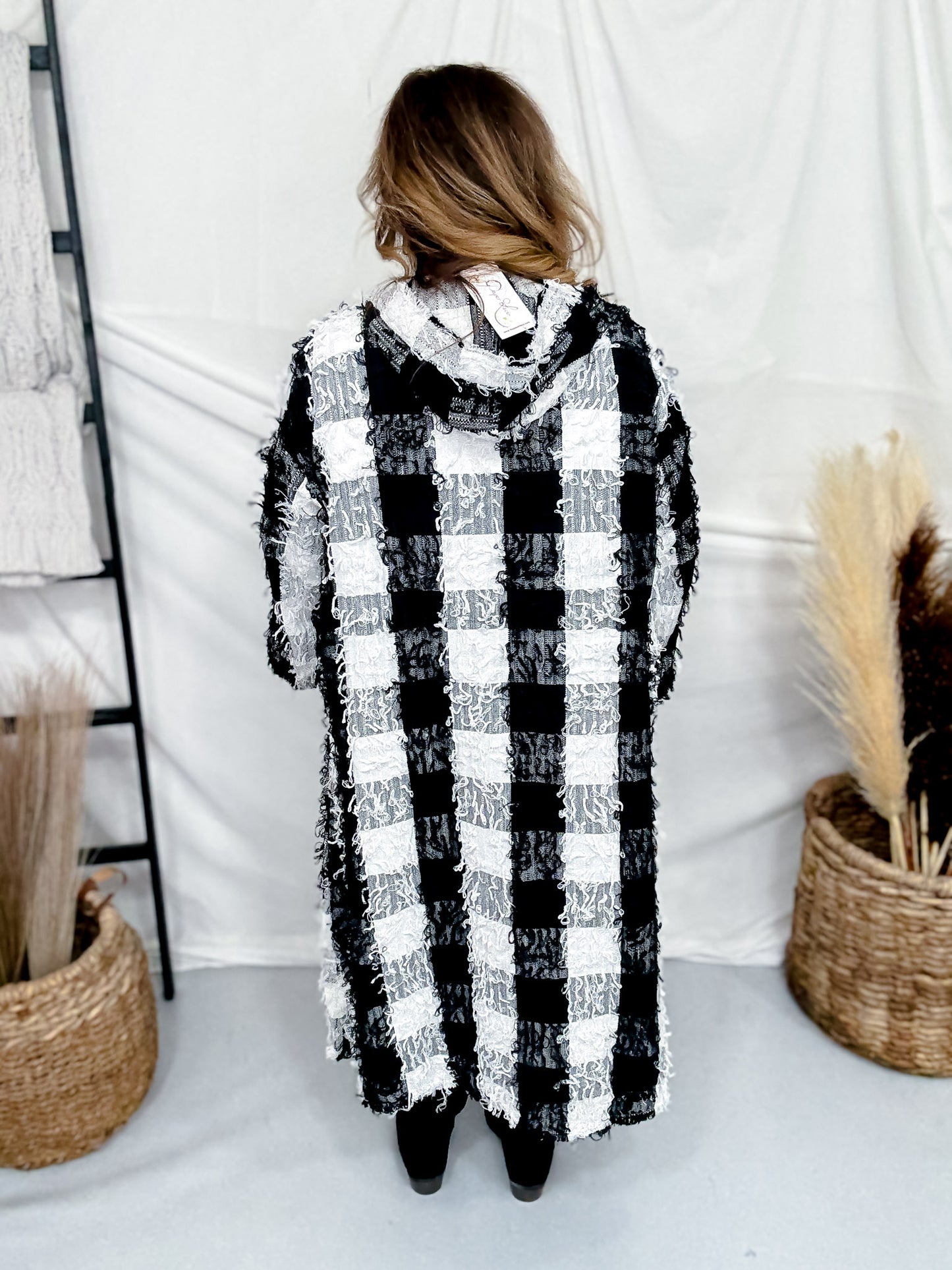 Black & White Check Long Flare Hooded Duster