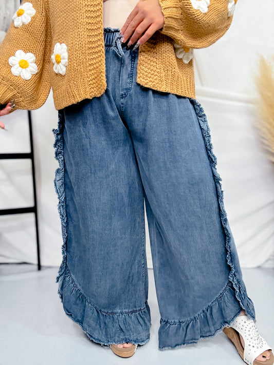 Ruffle Washed Chambray Wide Leg Pants