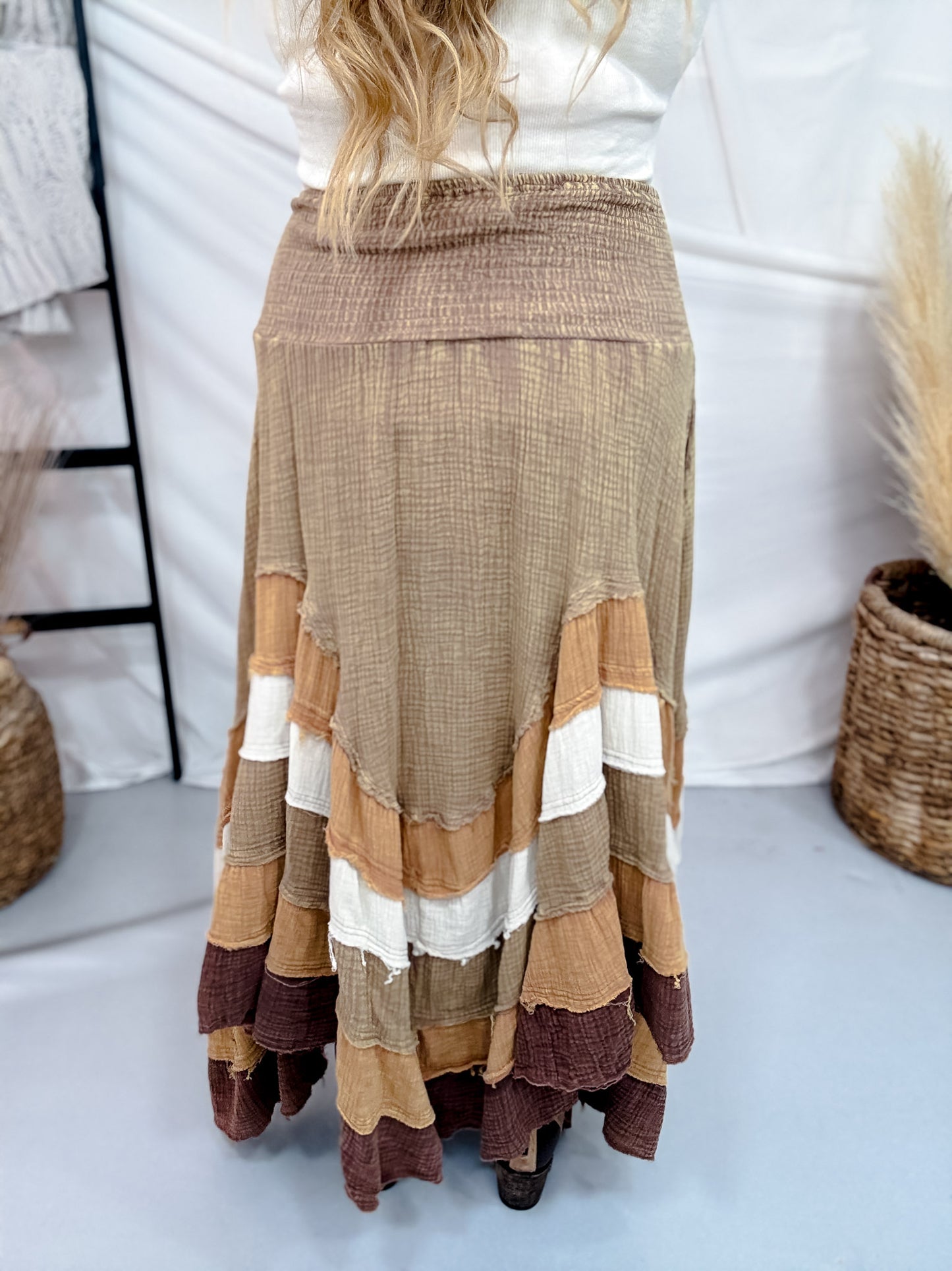 Brown Mineral Washed Tiered Hem Skirt