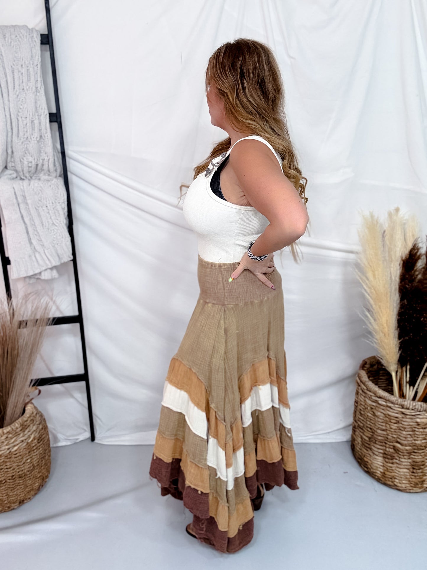 Brown Mineral Washed Tiered Hem Skirt