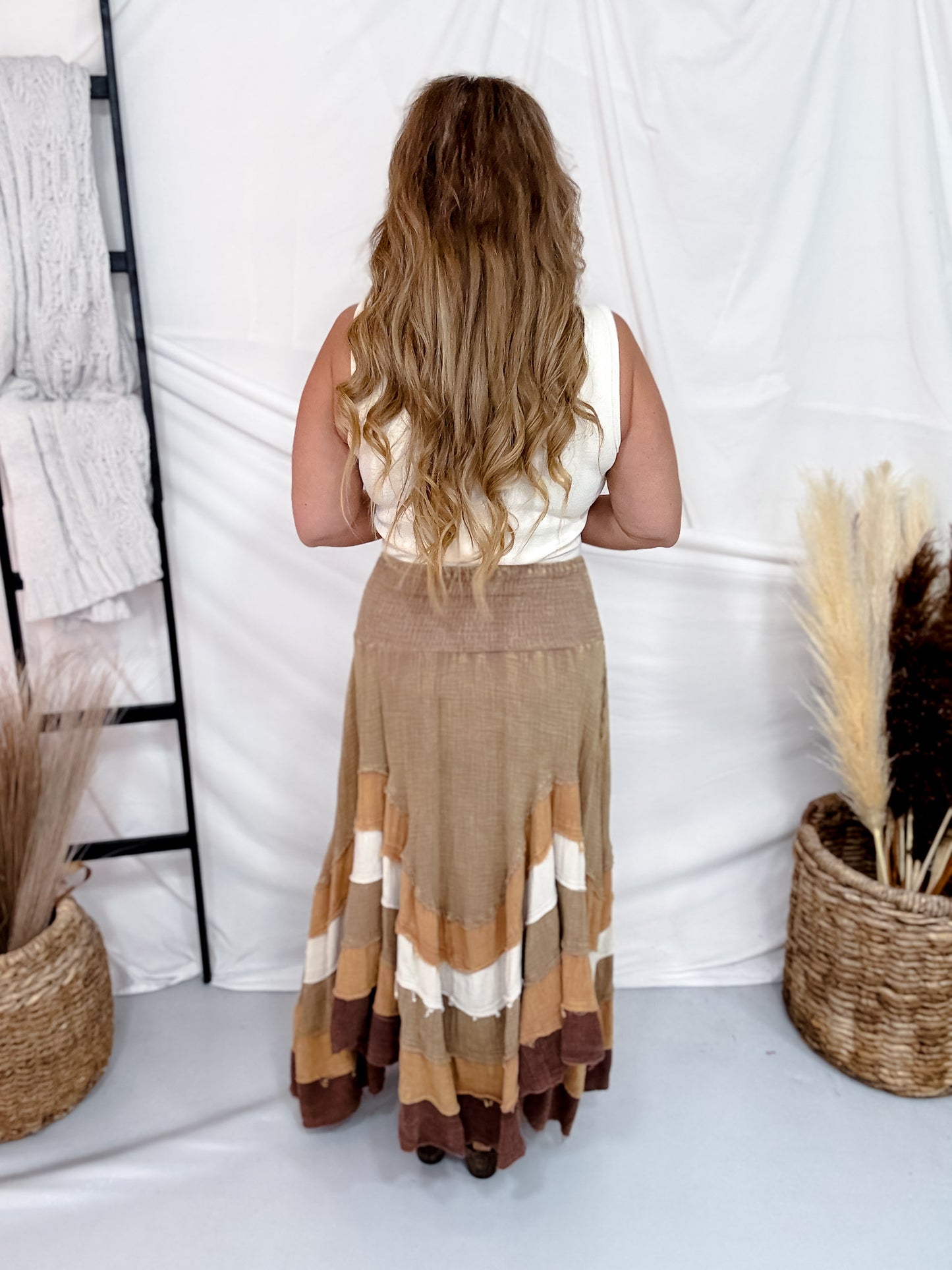 Brown Mineral Washed Tiered Hem Skirt