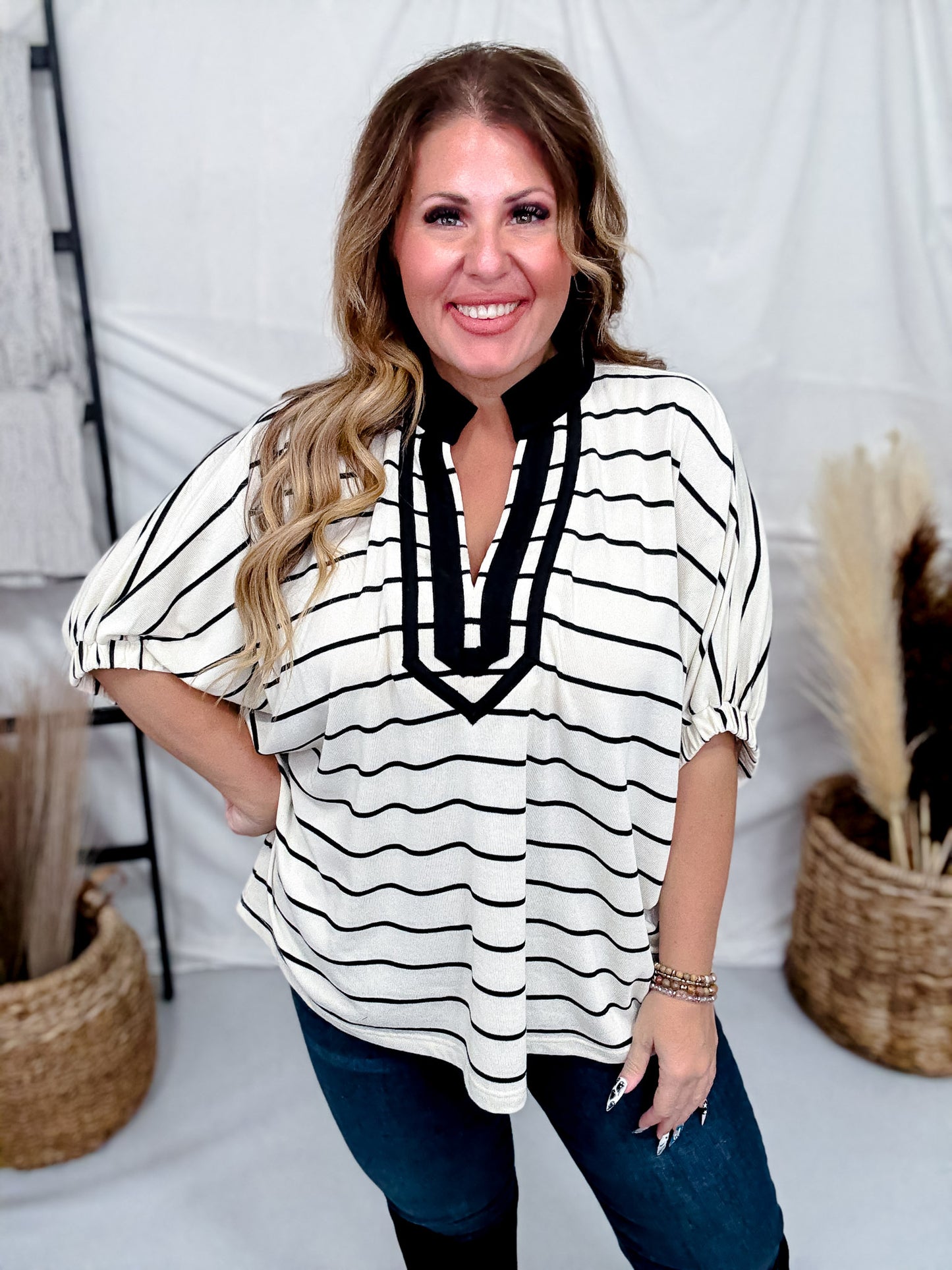 Black & Cream Striped Top With Contrasting Split V-Neck