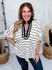 Black & Cream Striped Top With Contrasting Split V-Neck