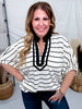 Black & Cream Striped Top With Contrasting Split V-Neck