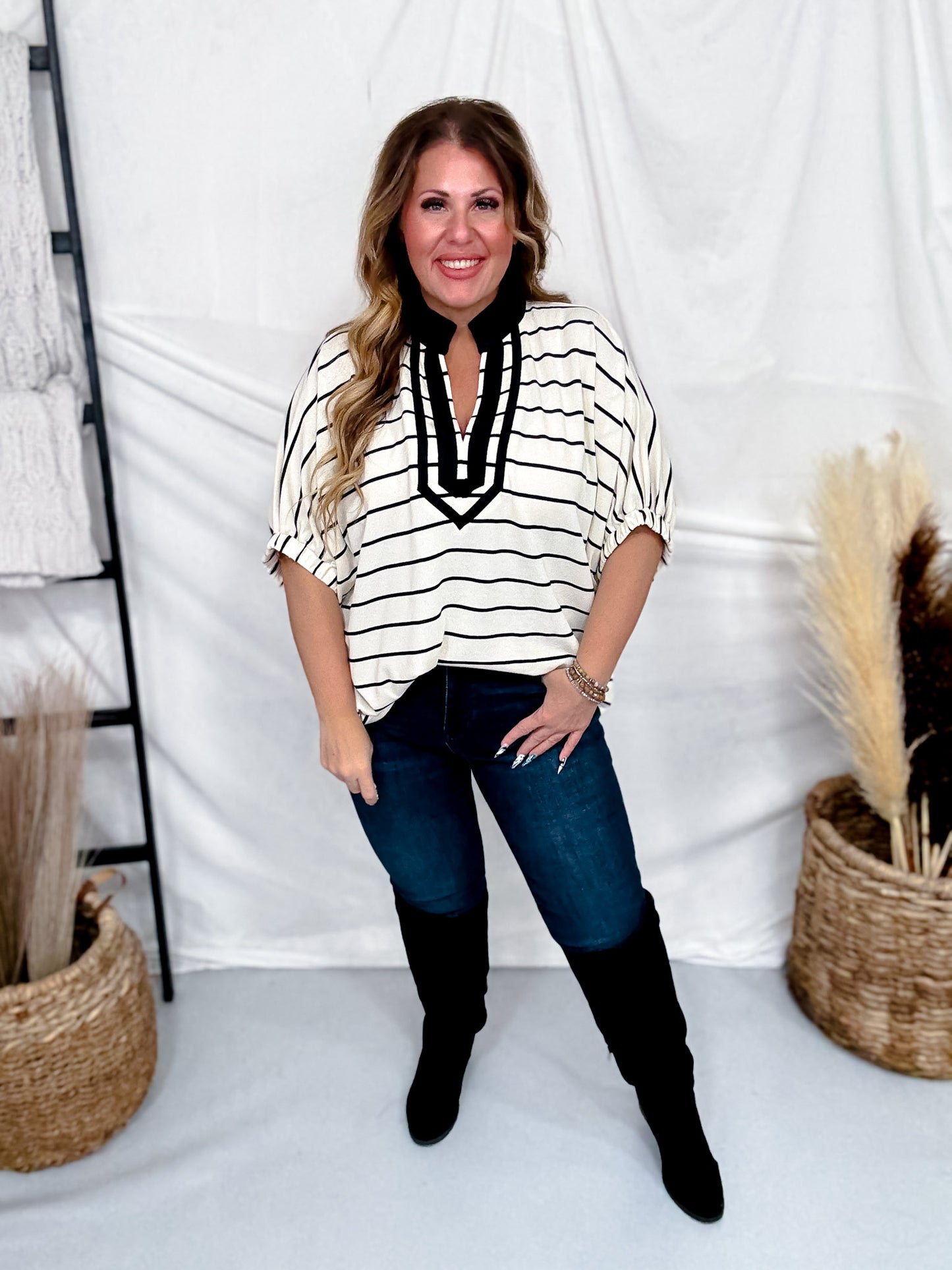 Black & Cream Striped Top With Contrasting Split V-Neck