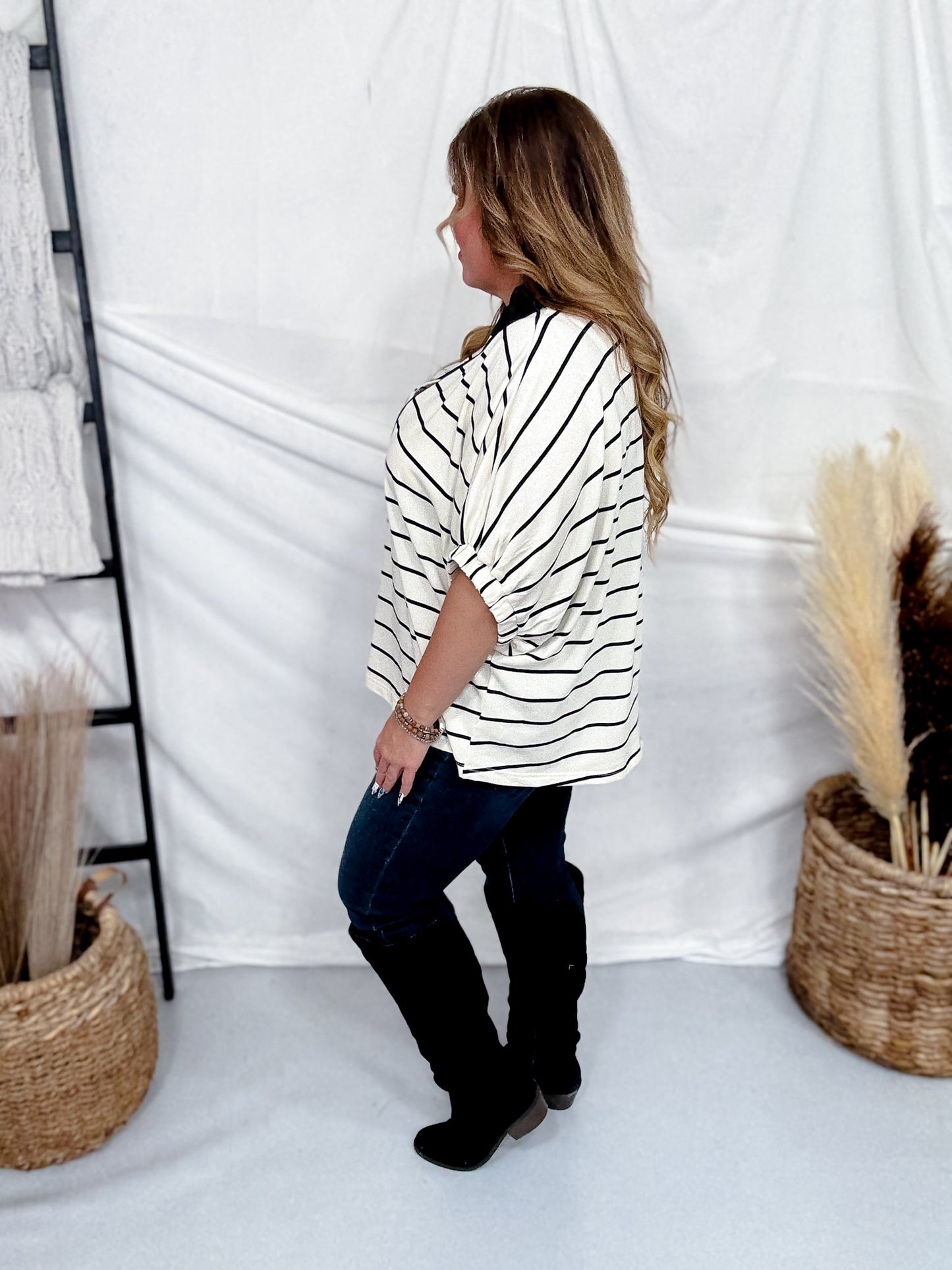 Black & Cream Striped Top With Contrasting Split V-Neck