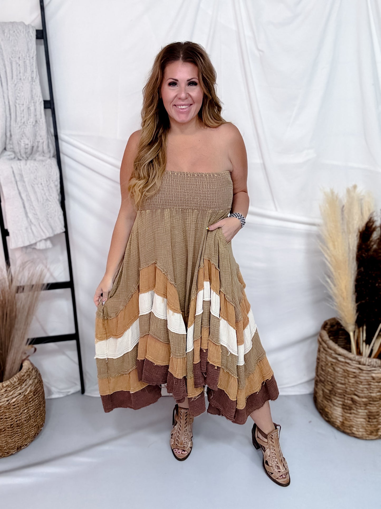 Brown Mineral Washed Tiered Hem Skirt