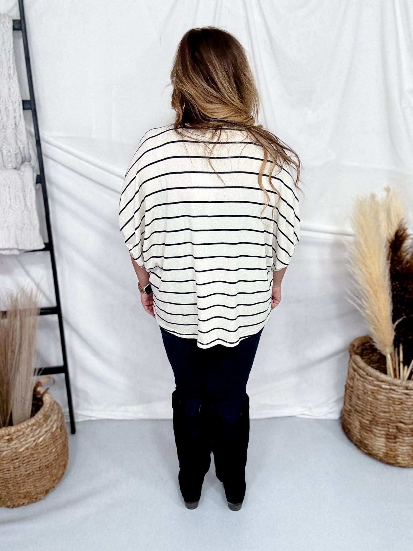 Black & Cream Striped Top With Contrasting Split V-Neck