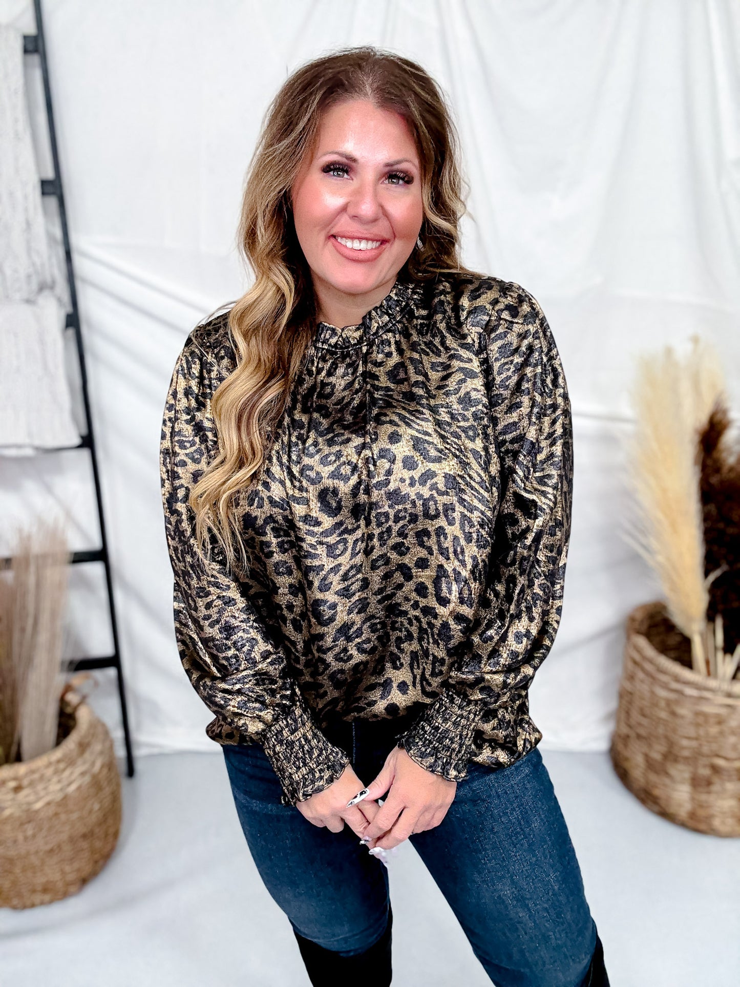 Metallic Leopard Print Blouse With Ruffled Accents