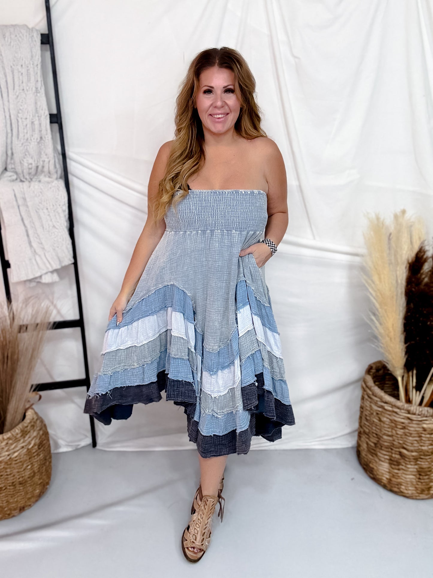 Blue Mineral Washed Tiered Hem Skirt