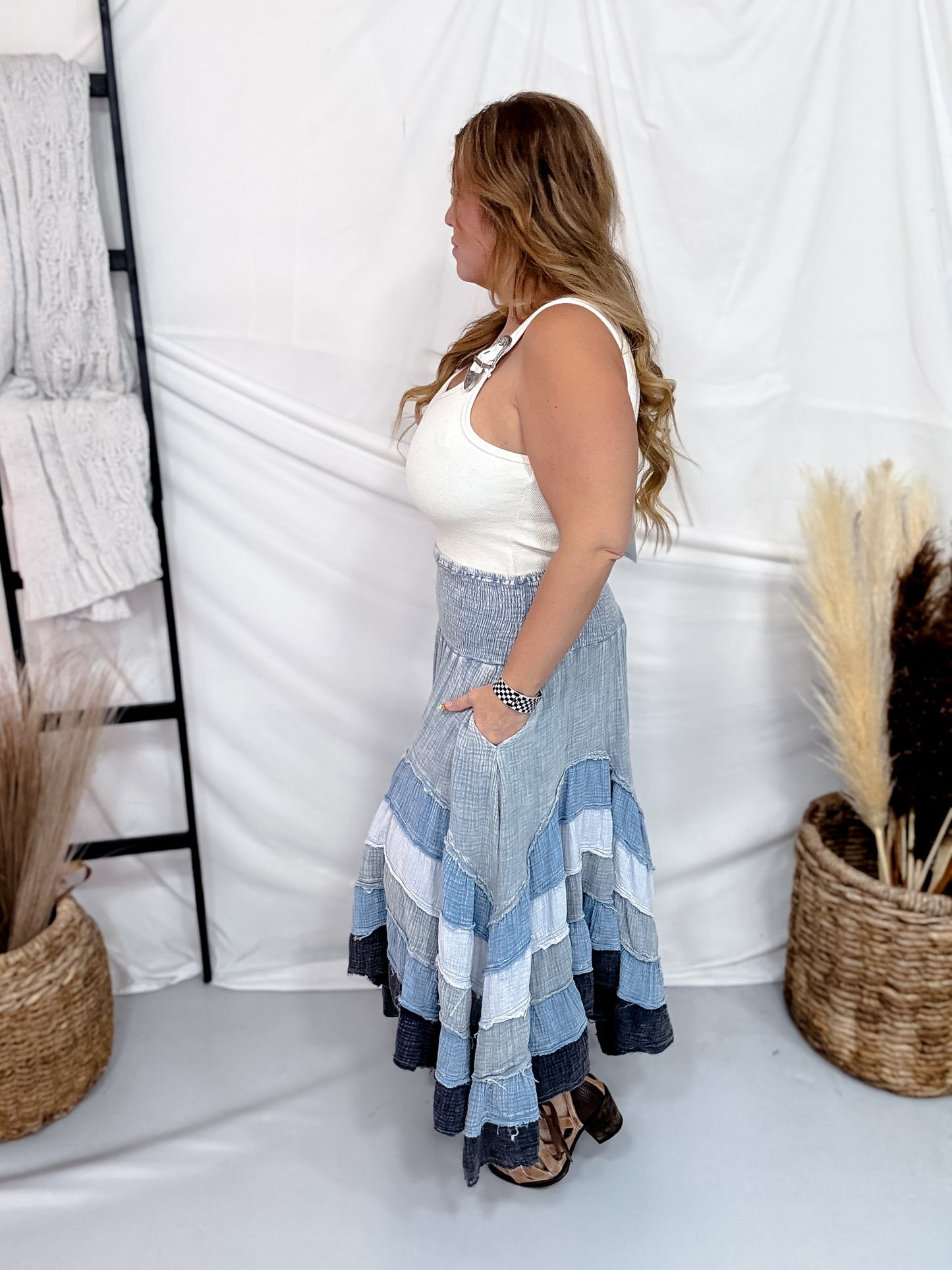 Blue Mineral Washed Tiered Hem Skirt