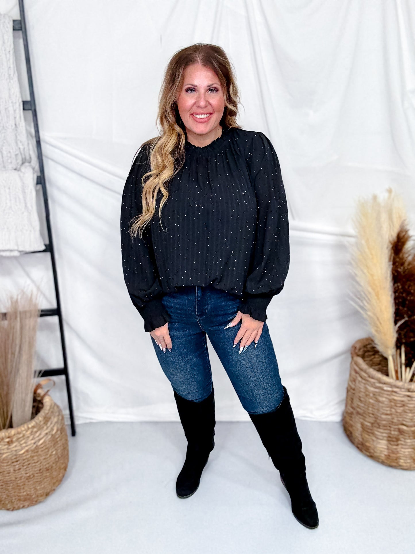 Sheer Black Chiffon Blouse With Rhinestones