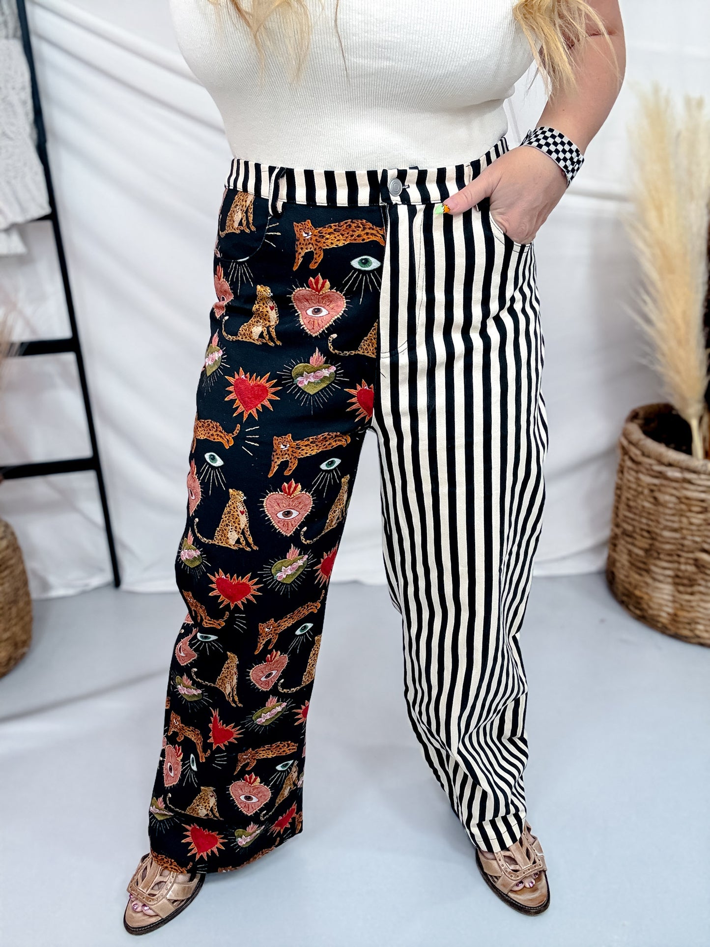 Striped Mixed Print Wide Leg Jeans