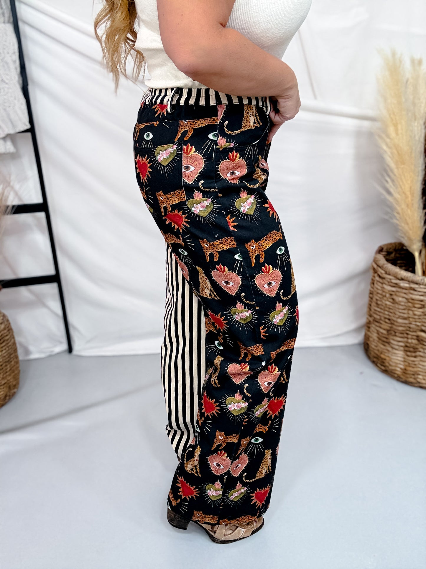 Striped Mixed Print Wide Leg Jeans