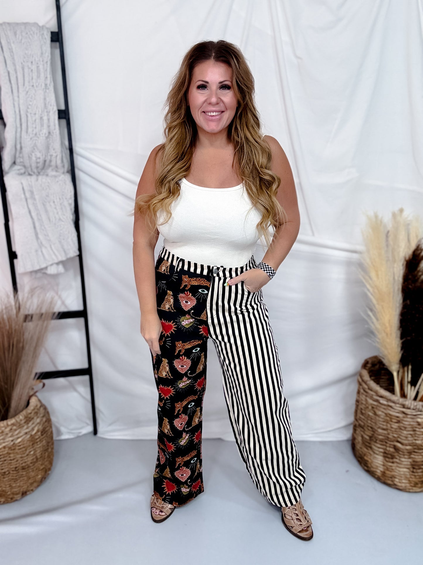 Striped Mixed Print Wide Leg Jeans