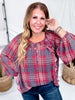 Red Plaid Peasant Blouse With Ruffle Trim