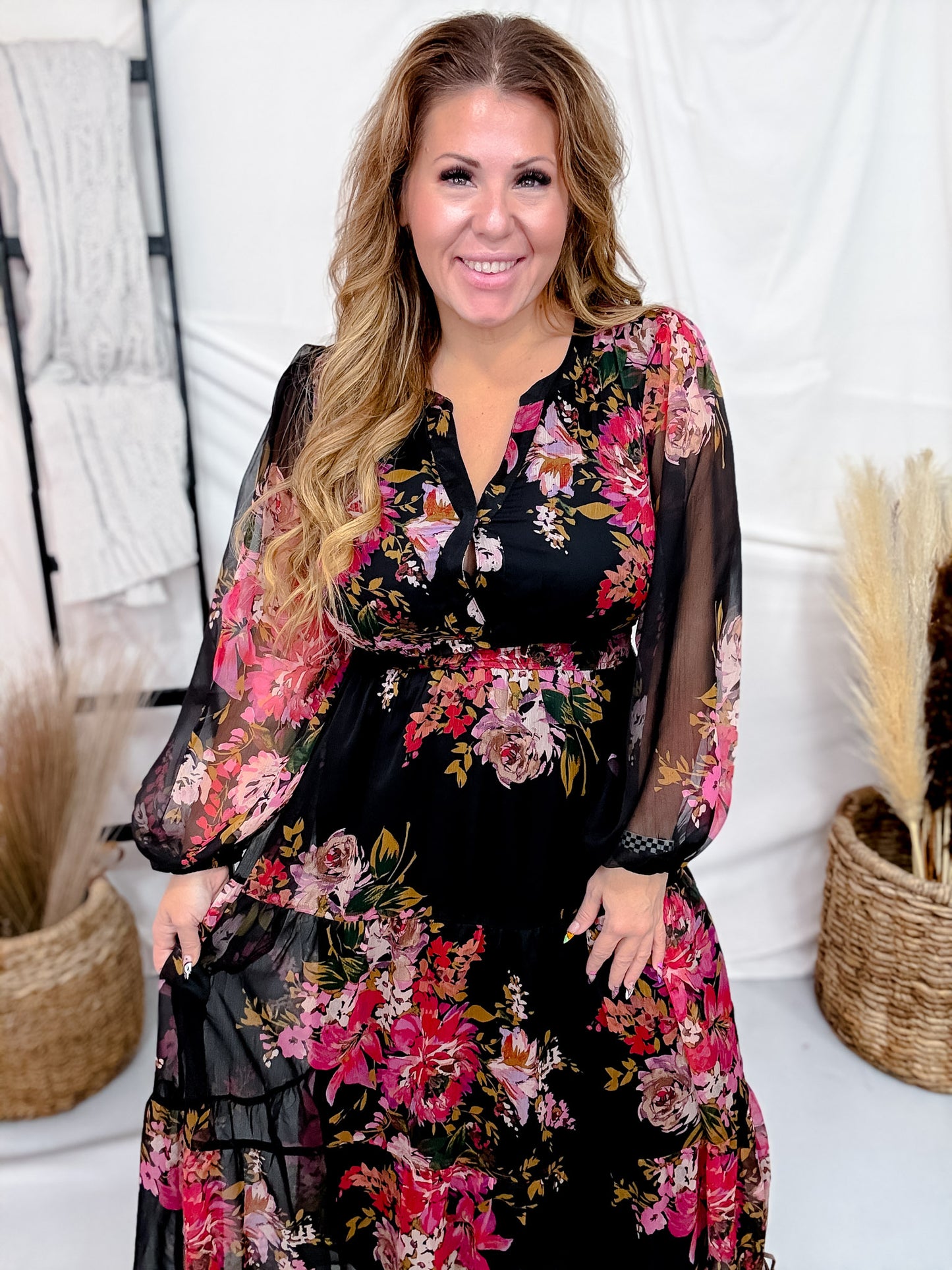 Black Floral Chiffon Midi Dress With Surplice Neckline