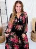 Black Floral Chiffon Midi Dress With Surplice Neckline