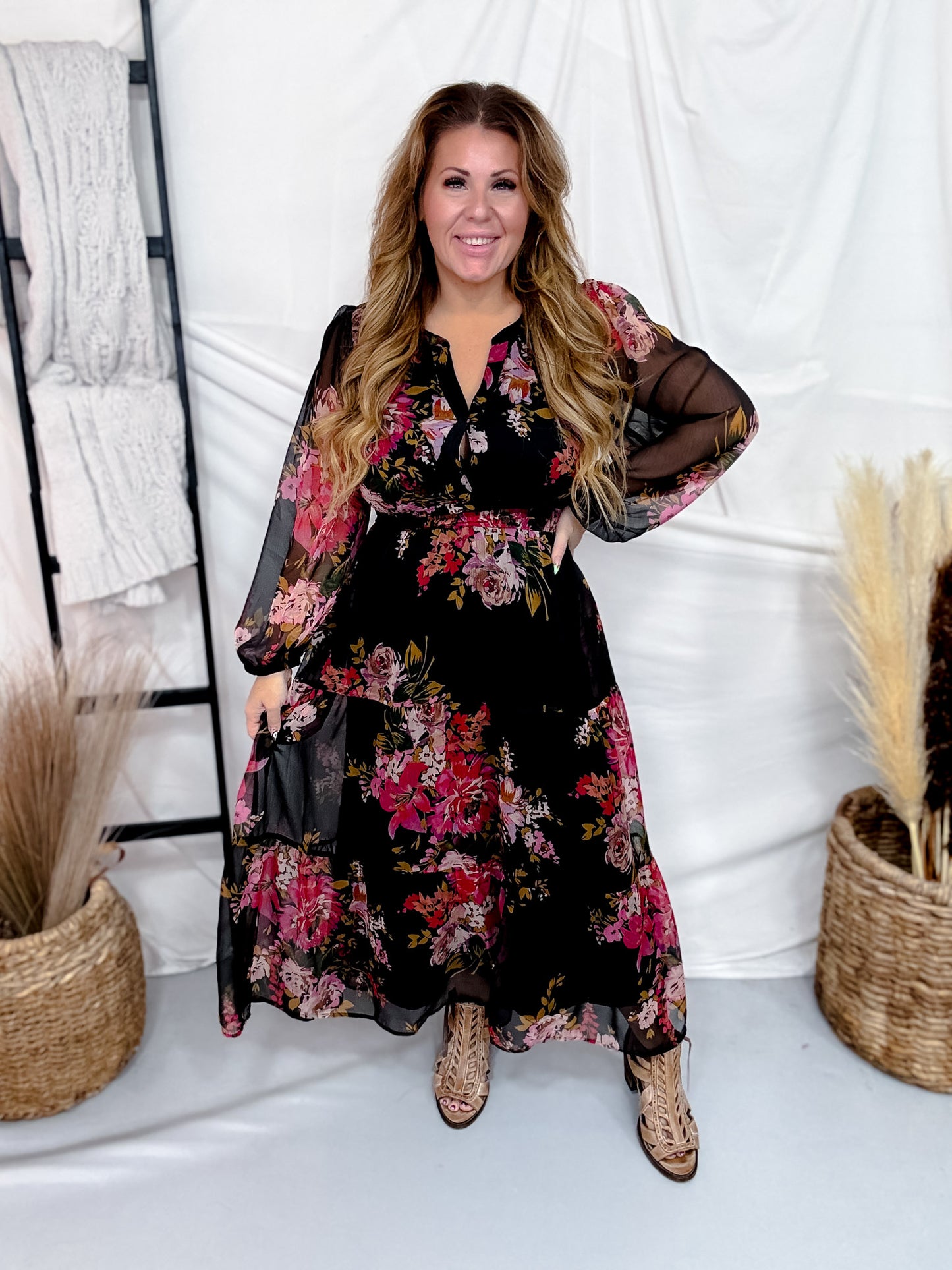 Black Floral Chiffon Midi Dress With Surplice Neckline