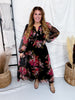 Black Floral Chiffon Midi Dress With Surplice Neckline