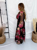 Black Floral Chiffon Midi Dress With Surplice Neckline