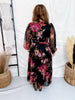 Black Floral Chiffon Midi Dress With Surplice Neckline