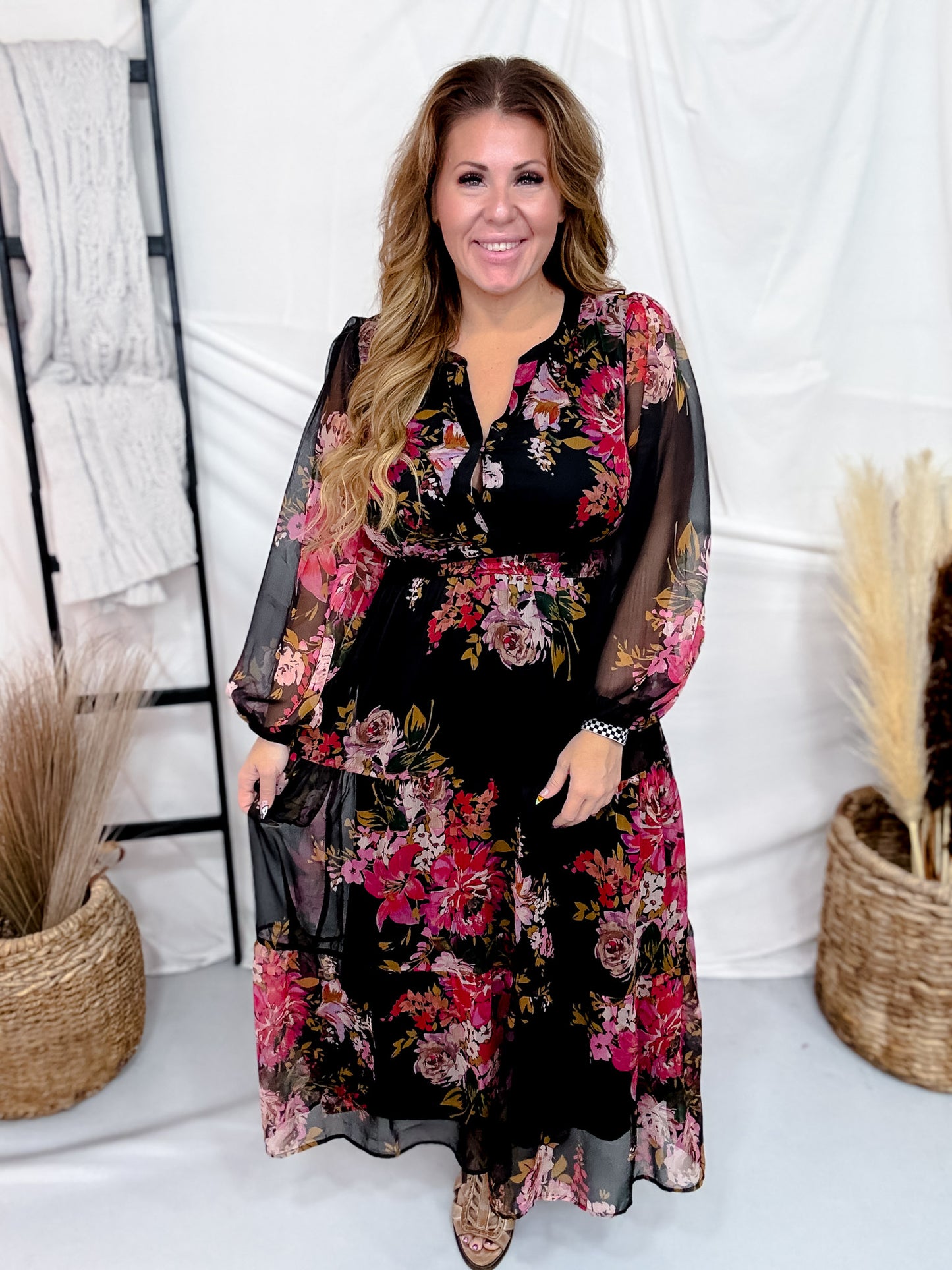 Black Floral Chiffon Midi Dress With Surplice Neckline