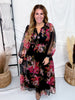 Black Floral Chiffon Midi Dress With Surplice Neckline
