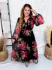 Black Floral Chiffon Midi Dress With Surplice Neckline
