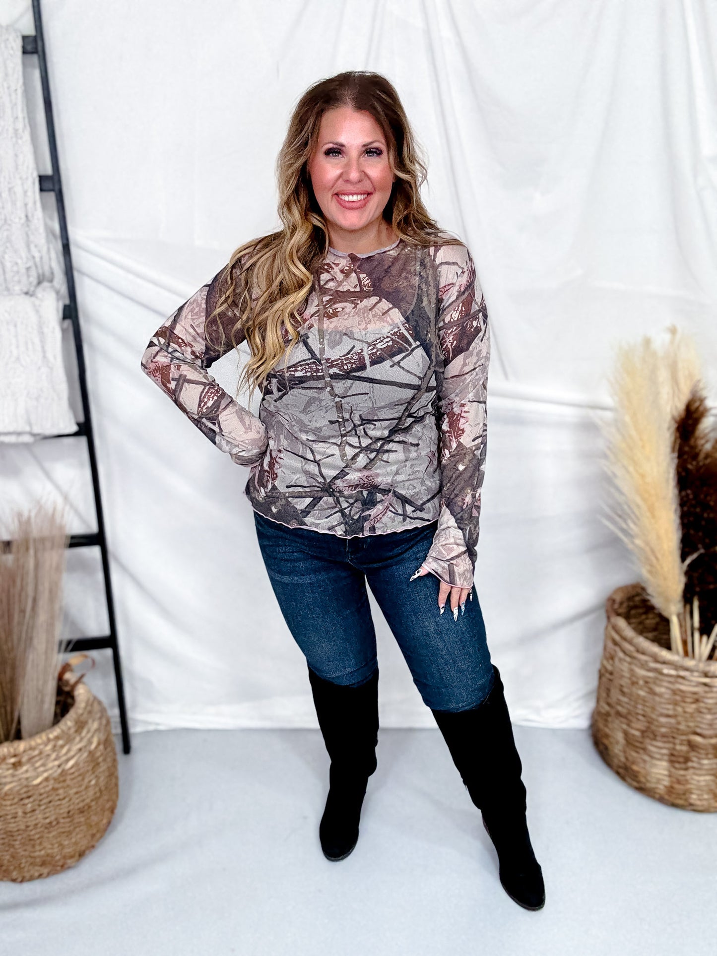 Tree Camo Print Long Sleeve Mesh Top