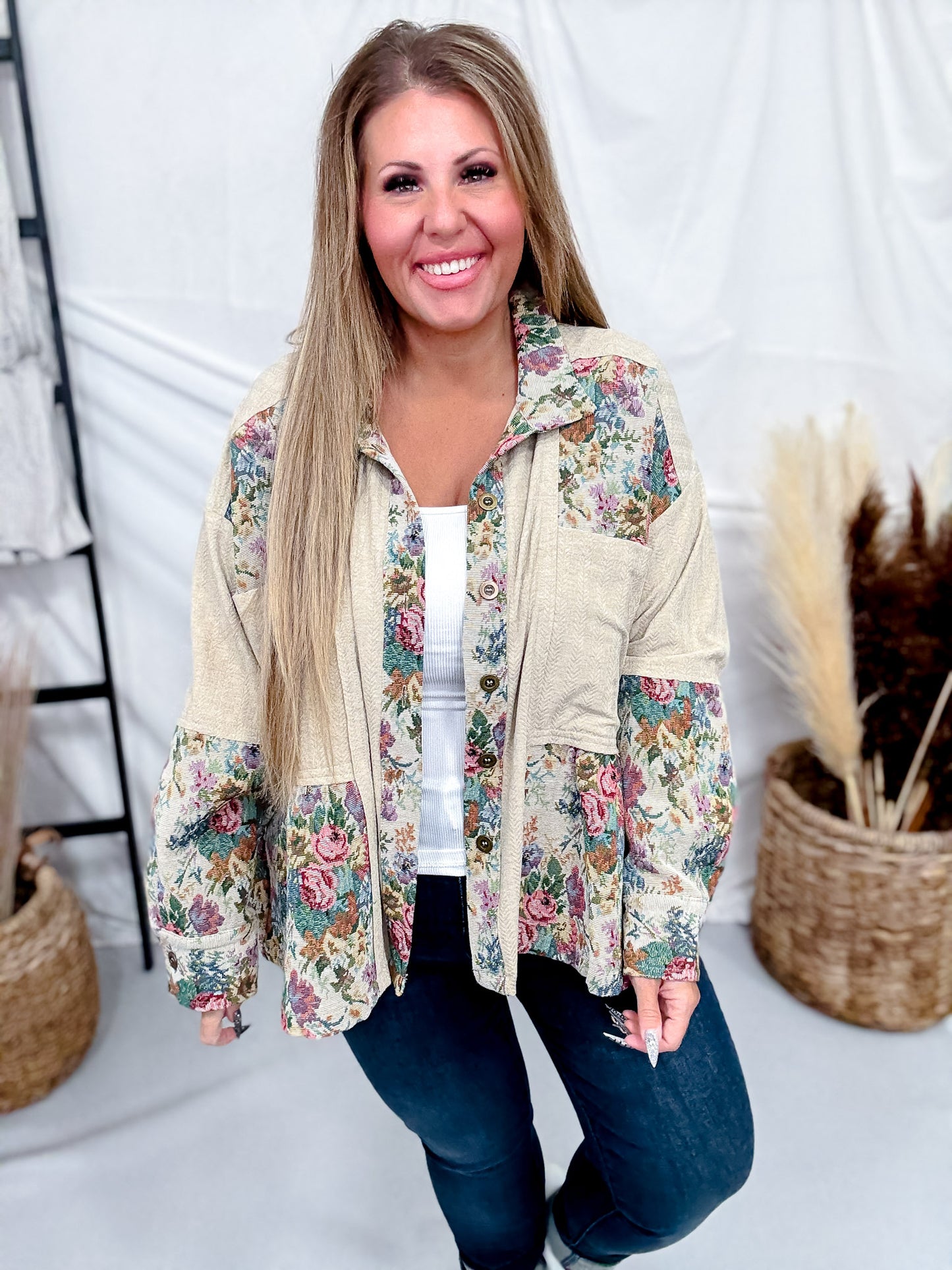 Button Front Peplum Hem Top With Floral Tapestry Panels