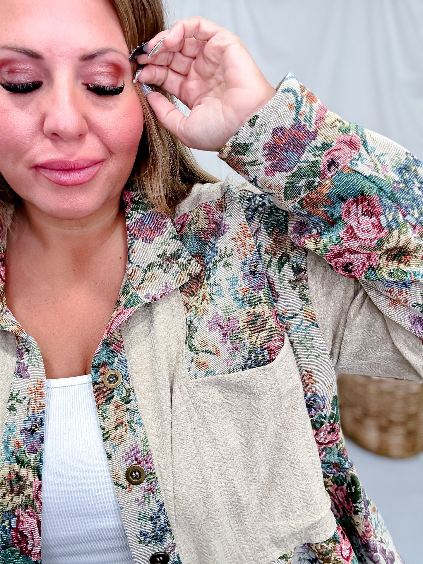 Button Front Peplum Hem Top With Floral Tapestry Panels