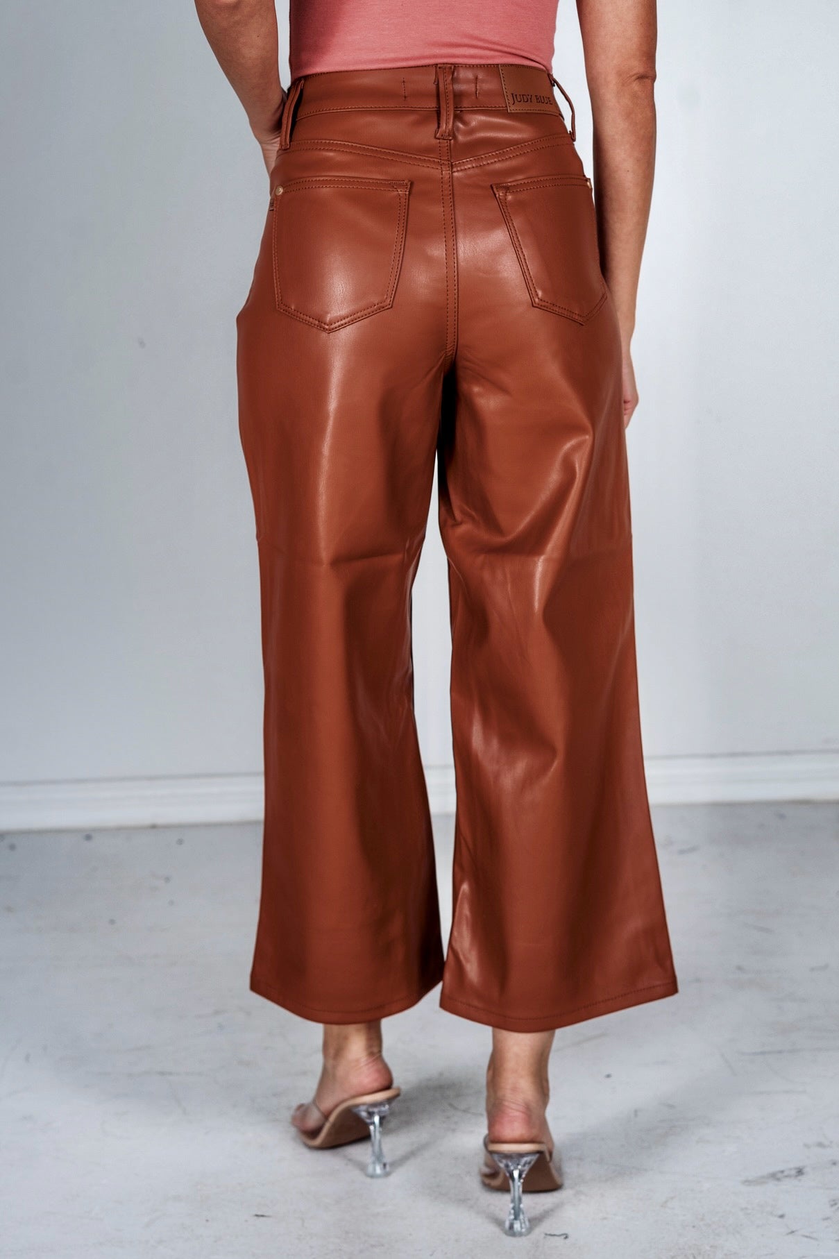 Judy Blue Camel High Waist Tummy Control Faux Leather Wide Crops