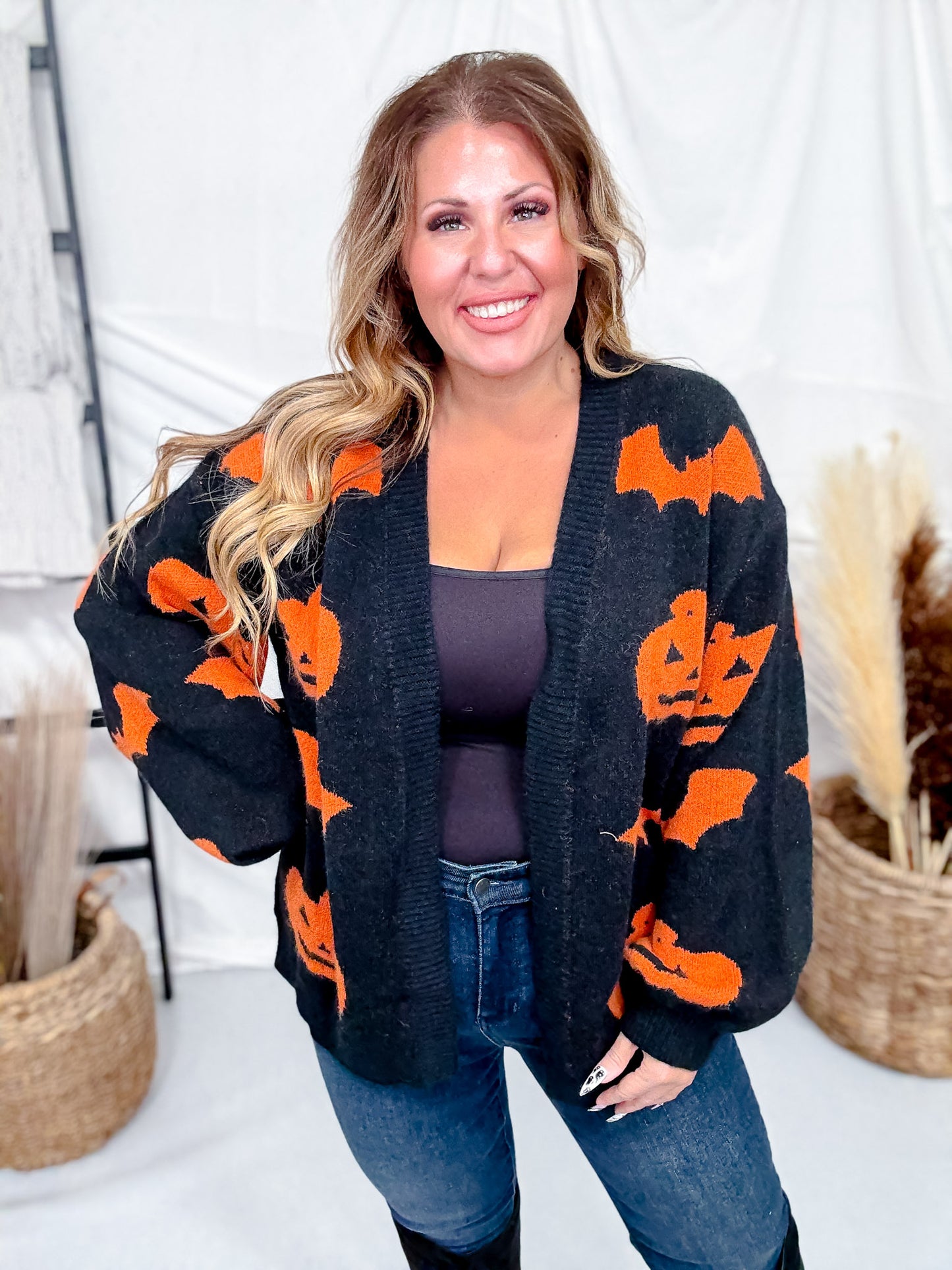 Black Open Front Cardigan With Orange Bats & Jack-O-Lanterns FINAL SALE