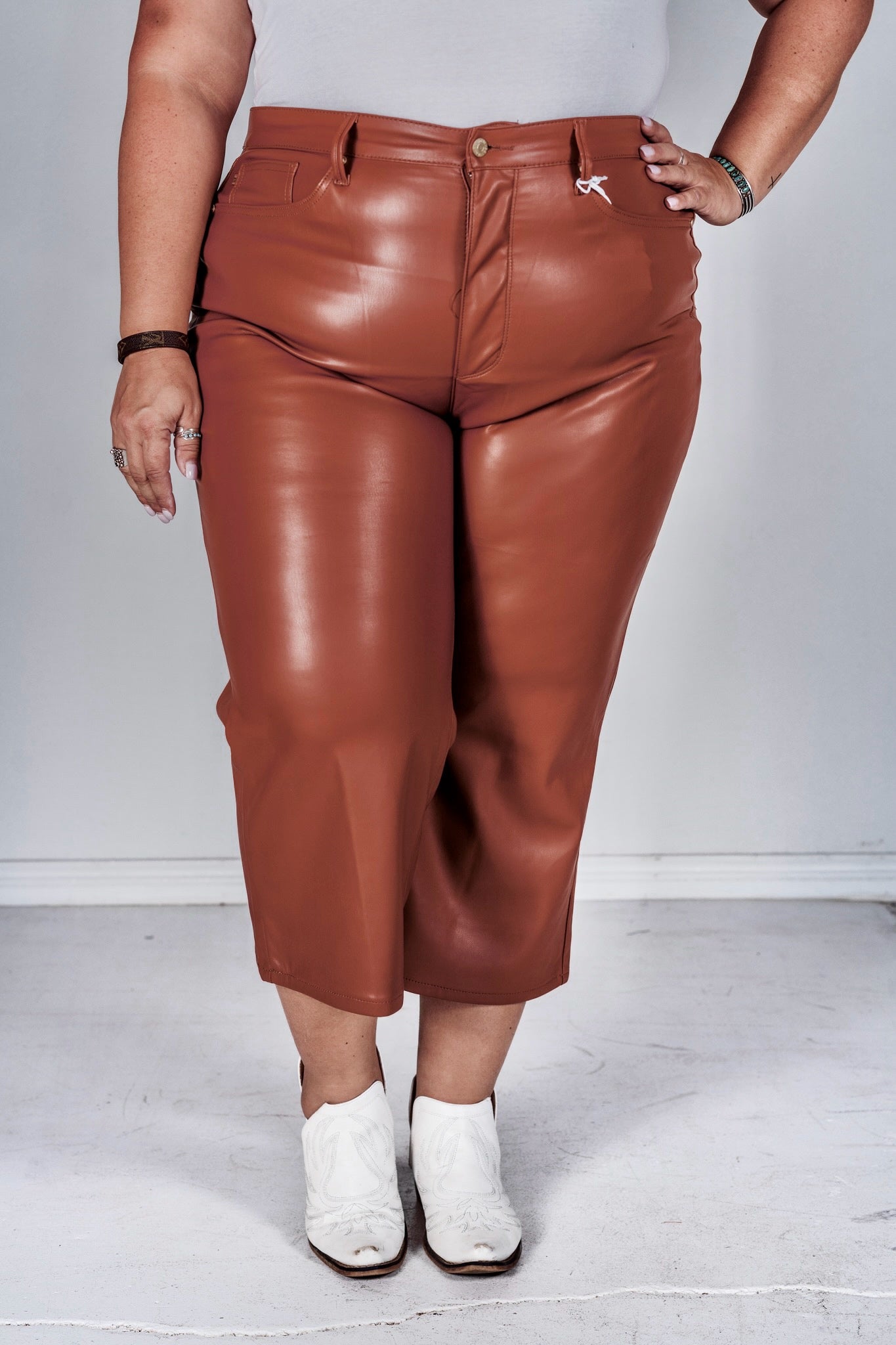 Judy Blue Camel High Waist Tummy Control Faux Leather Wide Crops