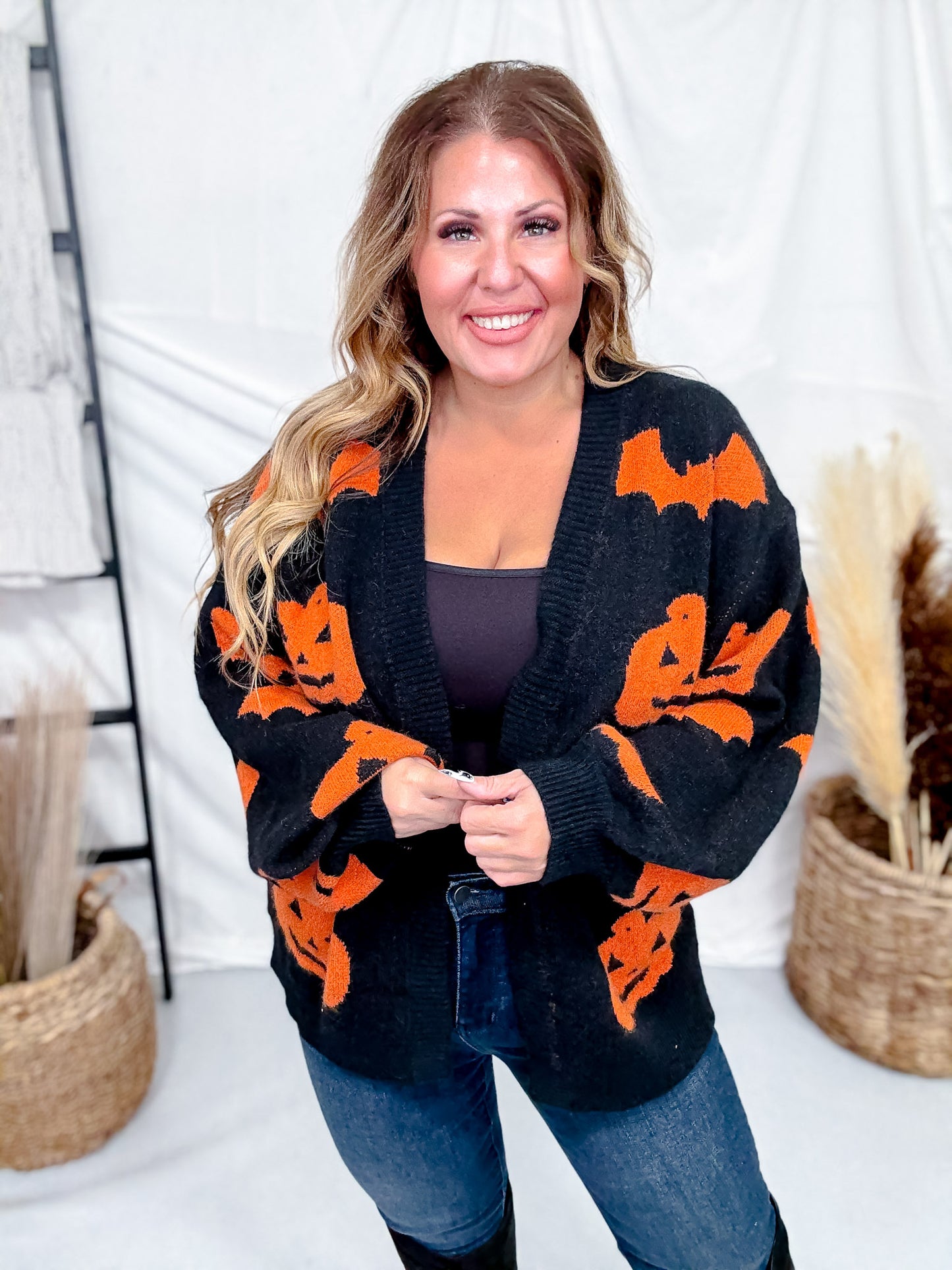 Black Open Front Cardigan With Orange Bats & Jack-O-Lanterns FINAL SALE