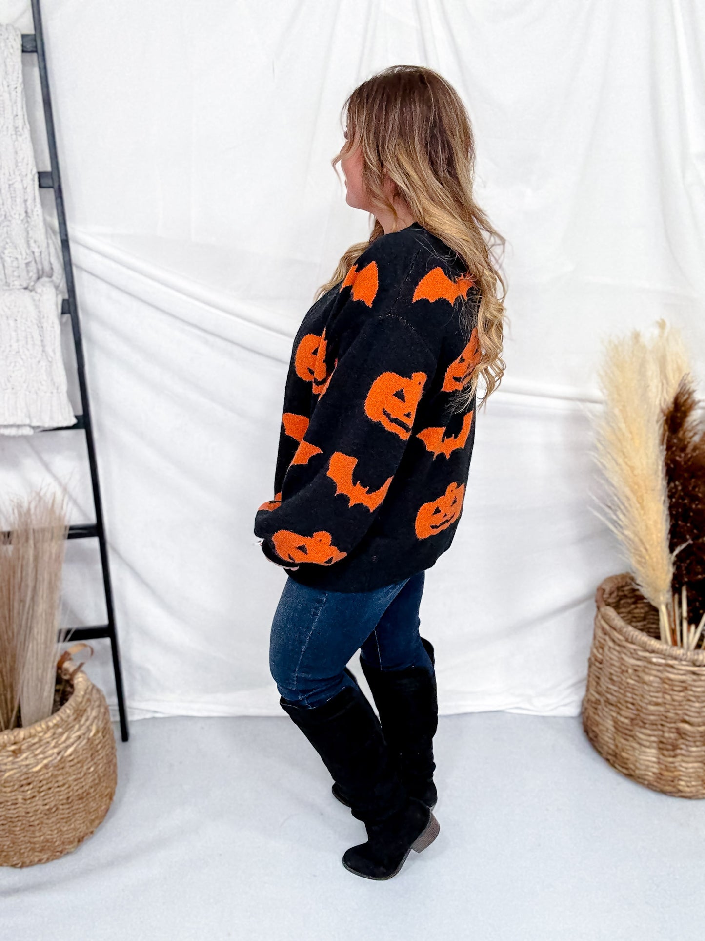Black Open Front Cardigan With Orange Bats & Jack-O-Lanterns FINAL SALE