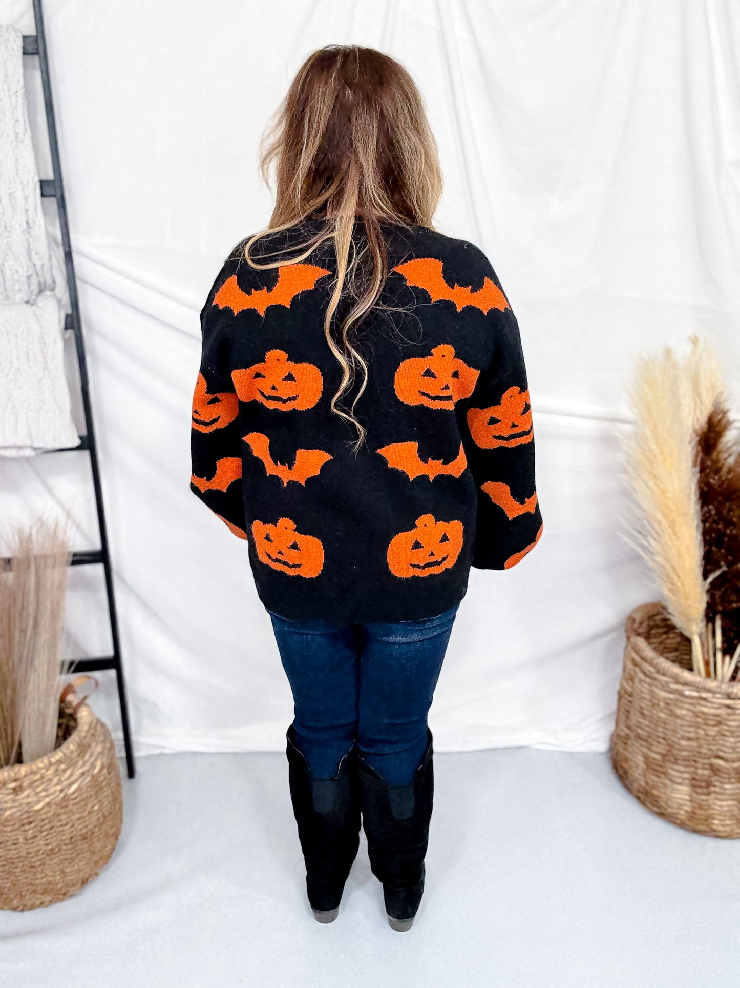 Black Open Front Cardigan With Orange Bats & Jack-O-Lanterns FINAL SALE