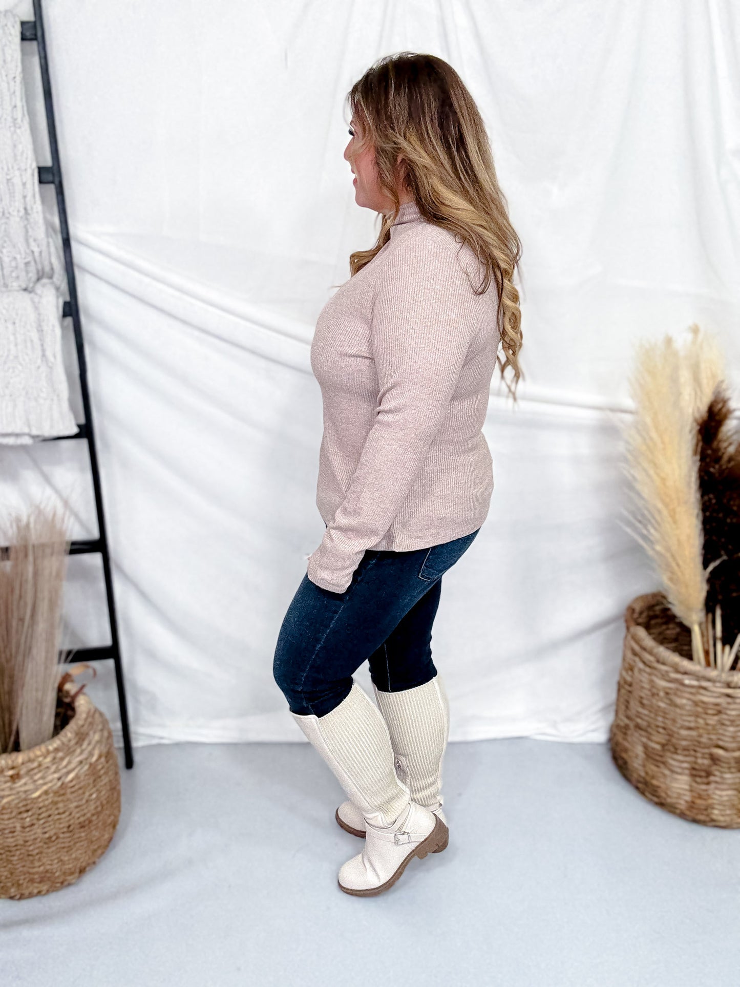 Mocha Shimmer Mock Neck Sweater With Long Sleeves