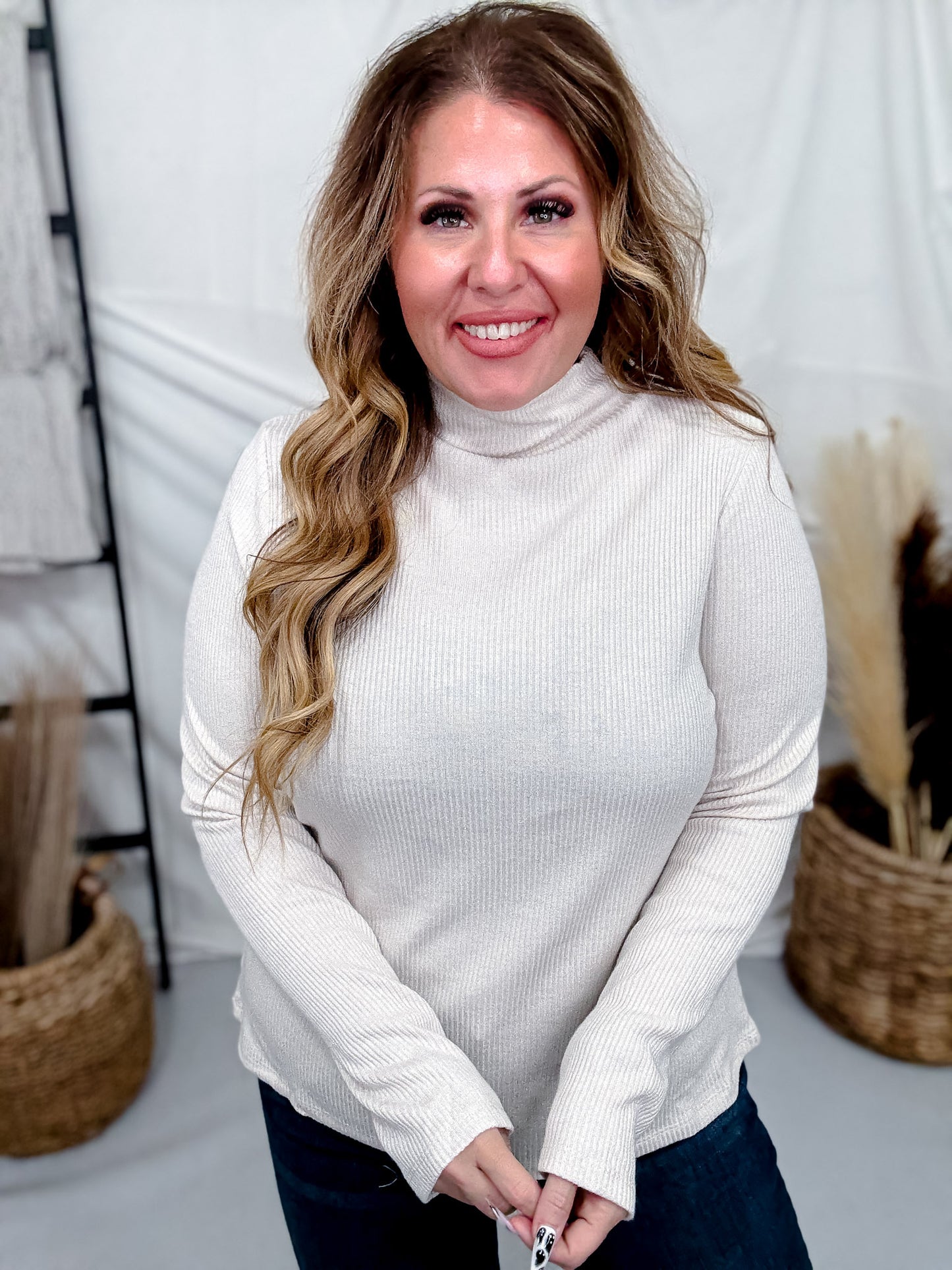 Pearl Shimmer Mock Neck Sweater With Long Sleeves