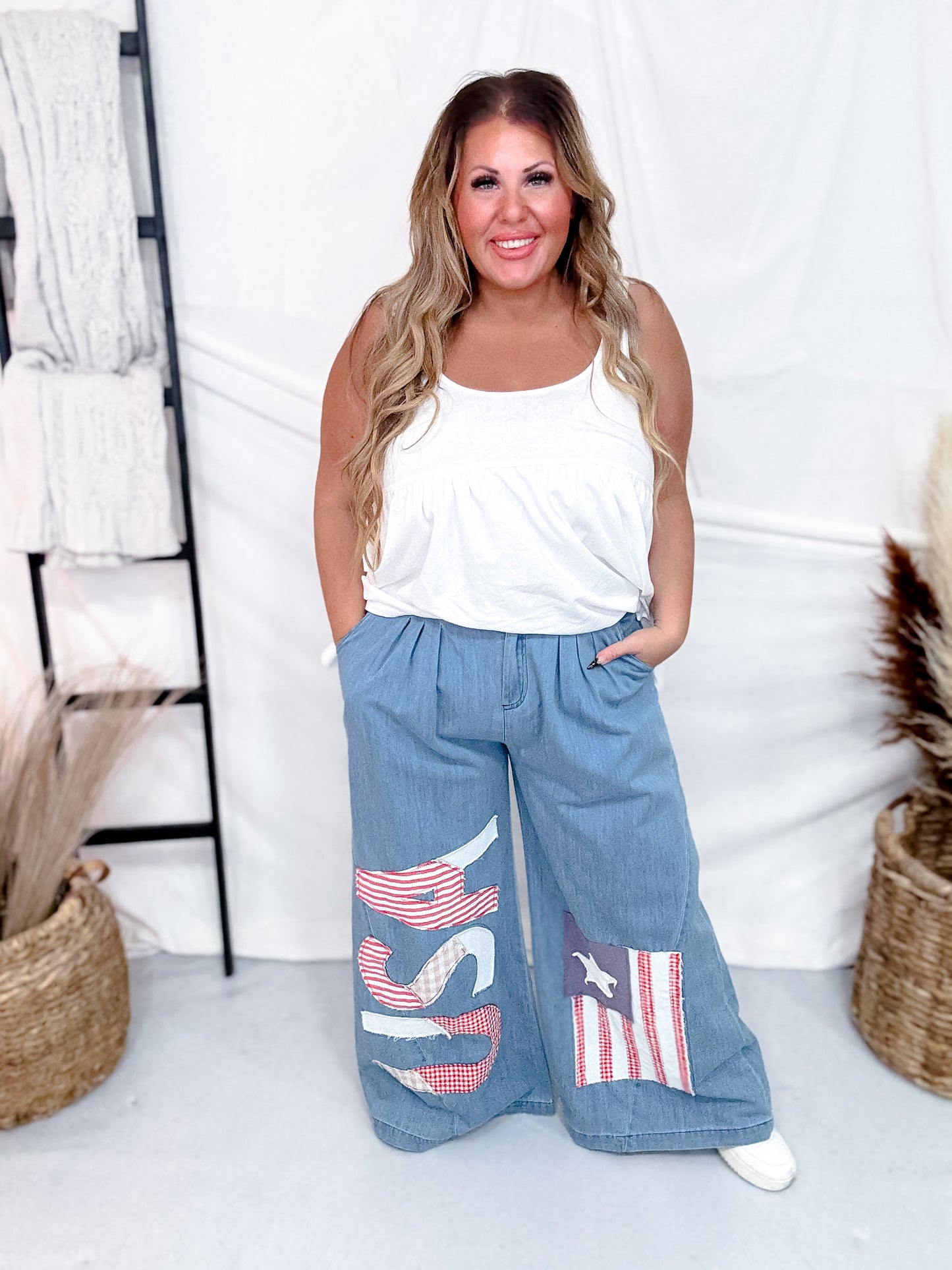 Vintage Washed American Flag & USA Patch Wide Chambray Pants