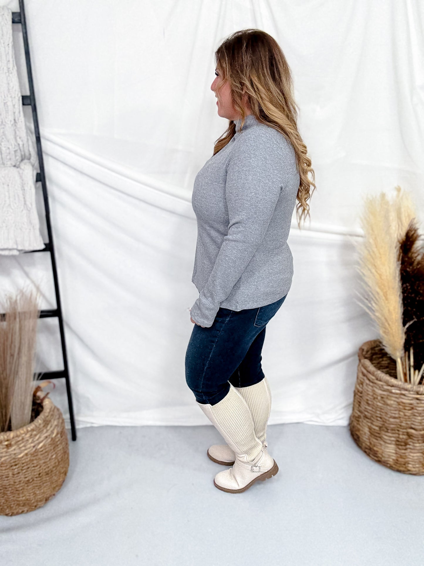 Charcoal Shimmer Mock Neck Sweater With Long Sleeves