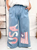 Vintage Washed American Flag & USA Patch Wide Chambray Pants