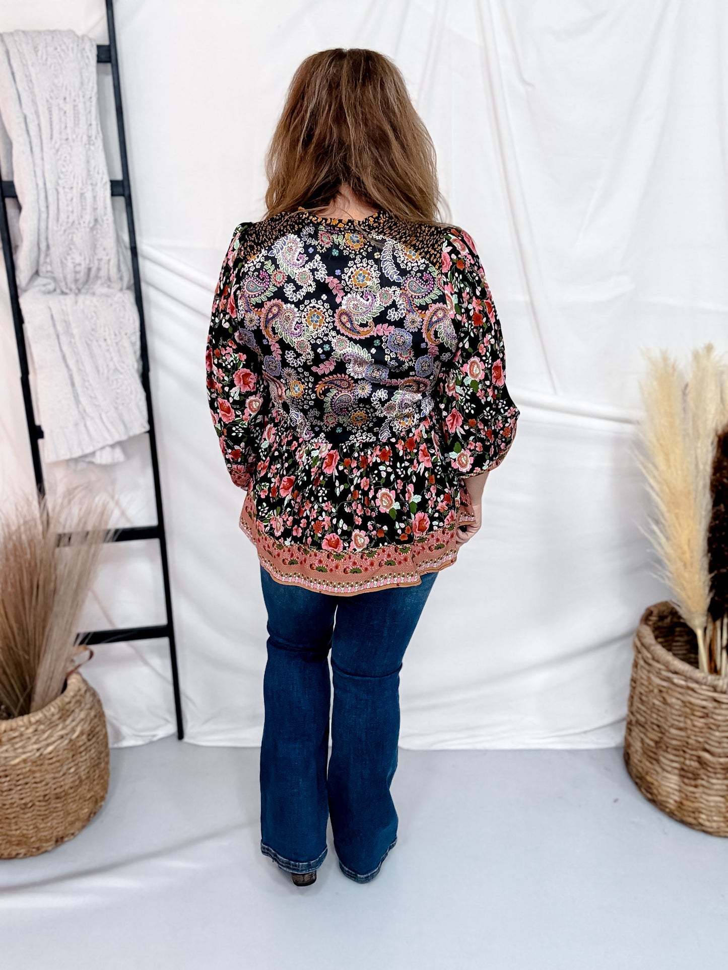 Paisley & Floral Print Split Neck Top