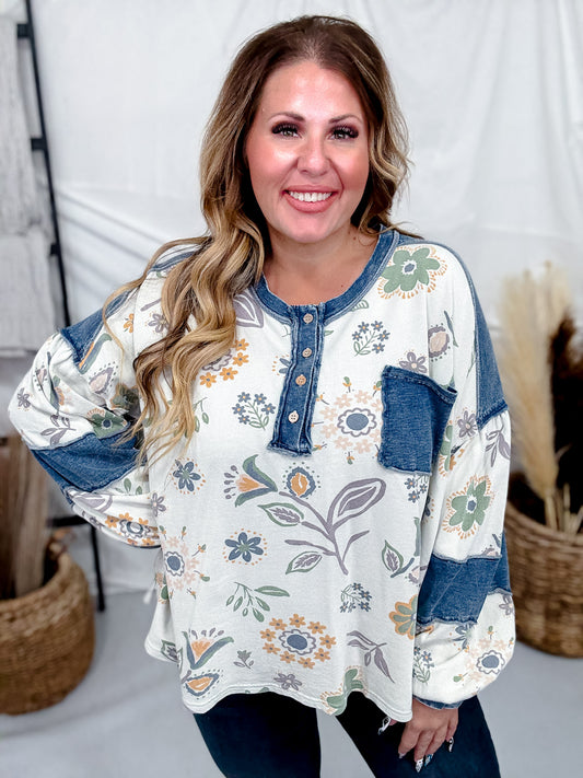 Floral Print Pullover With Contrasting Denim Details