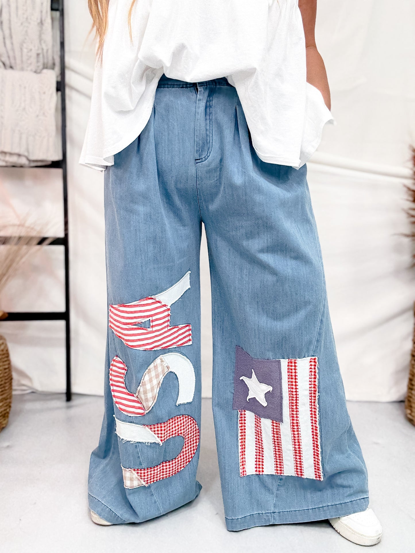 Vintage Washed American Flag & USA Patch Wide Chambray Pants