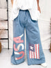 Vintage Washed American Flag & USA Patch Wide Chambray Pants